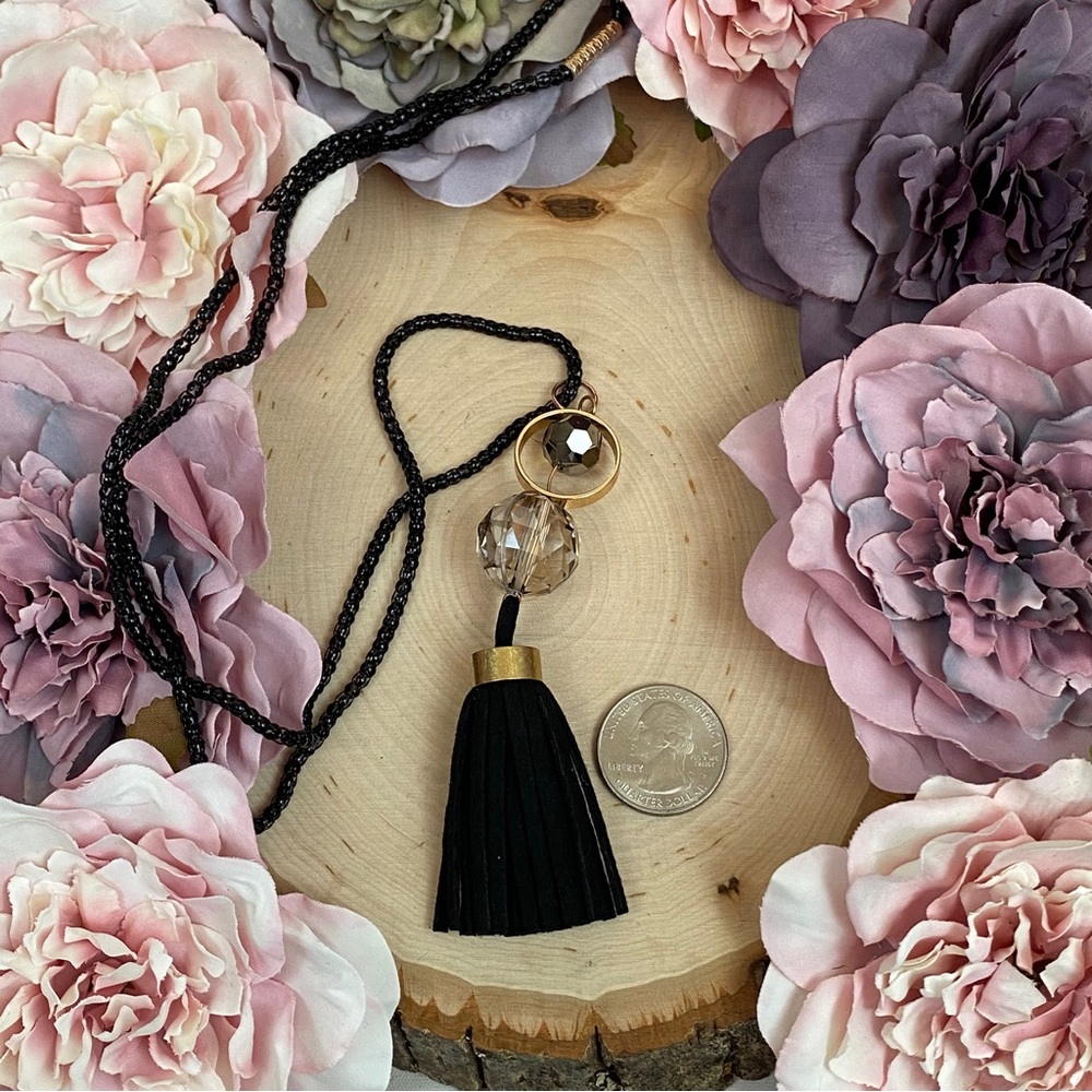 Chic Clear Sphere Long Black and Gold Tassel Necklace - Picture 11 of 11